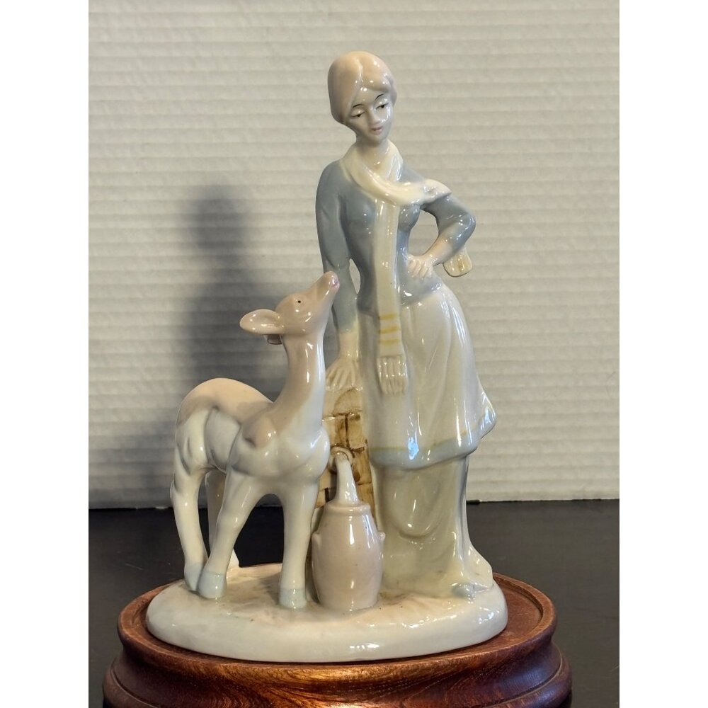 Porcelain Shepherdess & Fawn Figurine On Wooden Base
